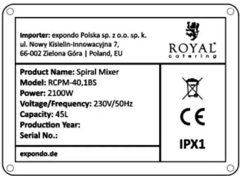 Importer: expondo Polska sp. z o.o. sp. k. ul. Nowy Kisielin-Innowacyjna 7, 66-002 Zielona Góra | Polska, UE ROYAL® catering Nazwa produktu: Spiral Mixer Model: RCPM-40,1BS Moc: 2100W Napięcie/Częstotliwość: 230V/50Hz Pojemność: 45L Rok produkcji: Nr seryjny: expondo.de