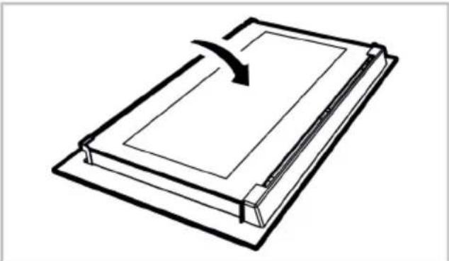 Simple line drawing of a folded document or notebook with an arrow indicating rotation (no text or symbols)