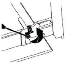 Technical line drawing of a mechanical assembly with a curved component and lever (no text or symbols)