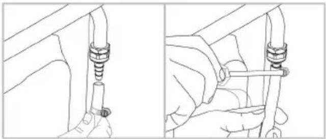 Technical line drawing showing two hands operating a pipe fitting with a clamp (no text or symbols).