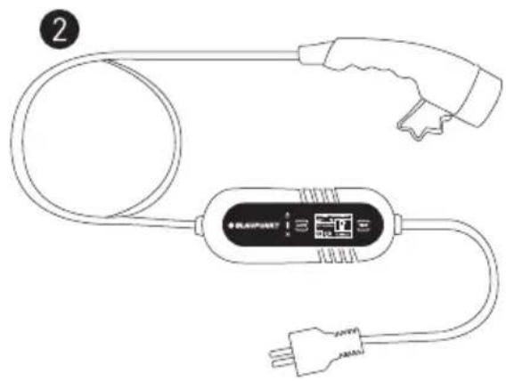 Line drawing of an electric vehicle charging plug with cable and terminal (no text or symbols)