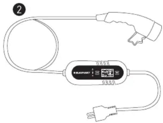 Line drawing of an electric vehicle charging plug with cable, terminal, and power outlet (no text or symbols)