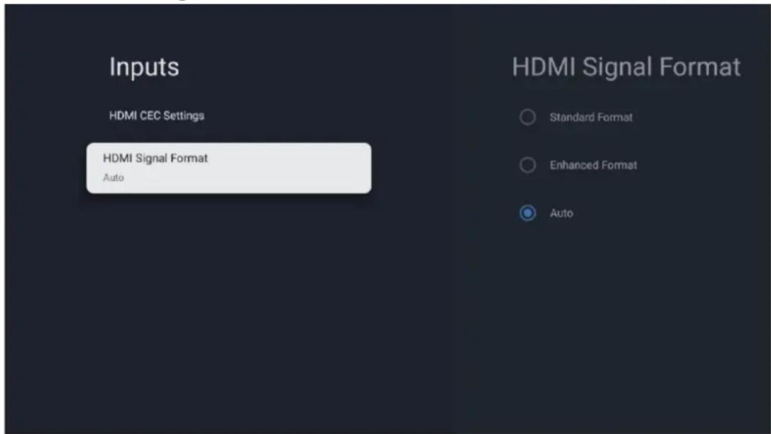 Entrées Réglages HDMI CEC Format du signal HDMI Auto Format du signal HDMI Format standard Format amélioré Auto