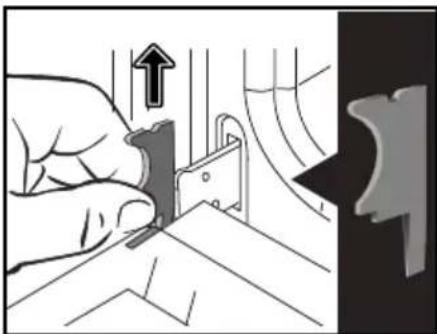 Illustration of a hand fastening a metal clip with an upward arrow, next to a close-up of the clip (no text or symbols).