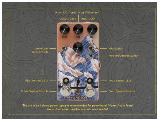 9 volt DC. Center Neq 100ma mini Output Jack Input Jack Envelope filter switch SENS res vol Mid Switch Modern/Vintage Switch Filter Bypass LED Fuzz Bypass LED Filter Bypass Switch Puzz Bypass Switch *The use of an isolated power supply is recommended for powering all Walrus Audio Pedals. Dairy chain…