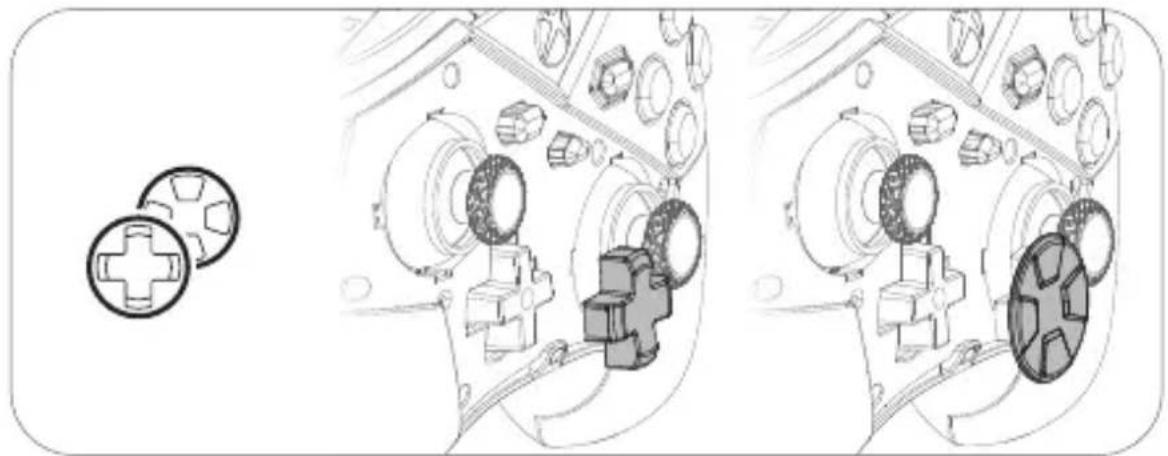 Technical line drawing of a mechanical assembly with cross-shaped components and internal gears (no text or symbols)