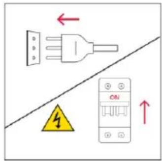Electrical warning diagram showing a plug connected to an ON switch with hazard symbol and red arrows indicating current direction.