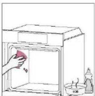 Simple line drawing of a kitchen oven with a hand cleaning it and a small bottle nearby (no text or symbols).
