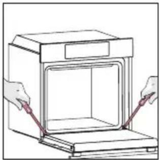 Illustration of hands operating a small oven with red arrows indicating force or movement (no text or symbols)