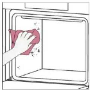 Hand cleaning a kitchen appliance with a cloth (no text or symbols visible)