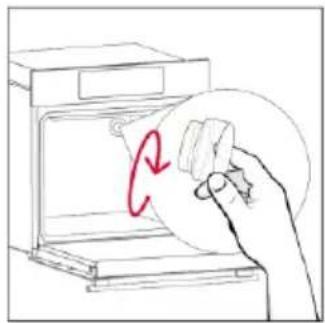 Hand holding a circular object with a red curved arrow inside, next to an open oven (no text or symbols)