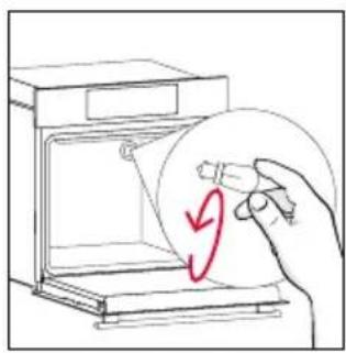 Hand holding a magnifying glass over an open oven, with a red curved arrow indicating motion (no text or symbols)