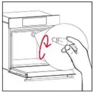Hand holding a circular object inside an oven, with a red circular arrow indicating rotation (no text or symbols)