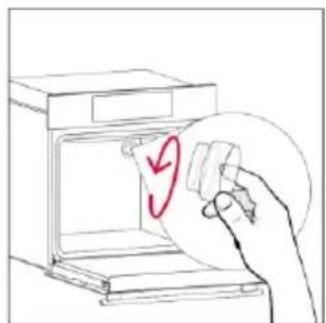 Hand placing a circular object into an oven with a red arrow indicating rotation.