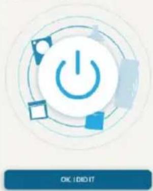 Circular icon with a blue power button and surrounding geometric shapes, no text or symbols present.