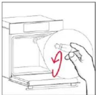 Hand holding a circular object inside a microwave oven, with a red arrow indicating rotation.