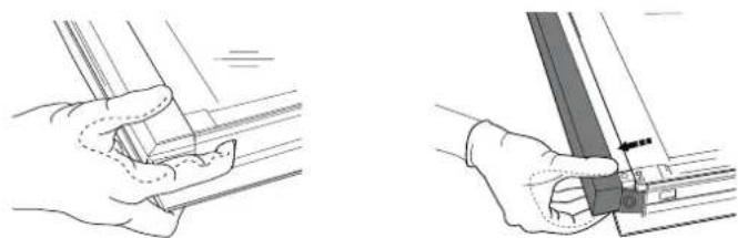 Two technical diagrams showing hands holding a mechanical component, one with dashed lines indicating alignment or wear (no text or symbols present)