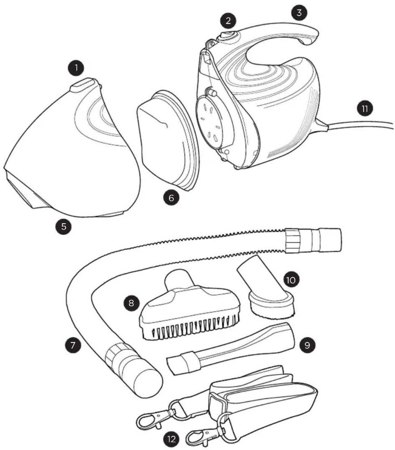 Technical diagram of a hair dryer with numbered parts for identification