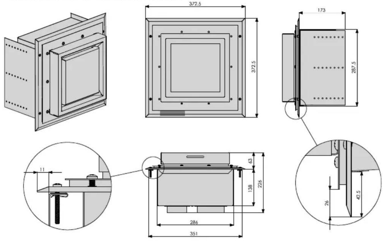 Technical drawing of a mechanical assembly with multiple orthographic views and dimension annotations