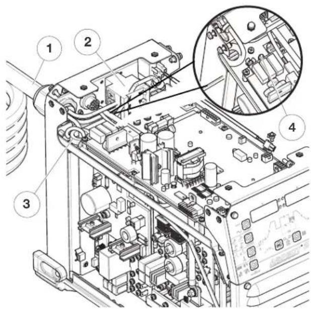 Technical diagram of an electronic device with numbered components and a magnified inset showing internal structure.