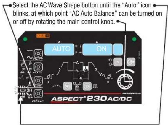 Select the AC Wave Shape button until the "Auto" icon blinks, at which point "AC Auto Balance" can be turned on or off by rotating the main control knob. AUTO ON ASPECT® 230AC/DC
