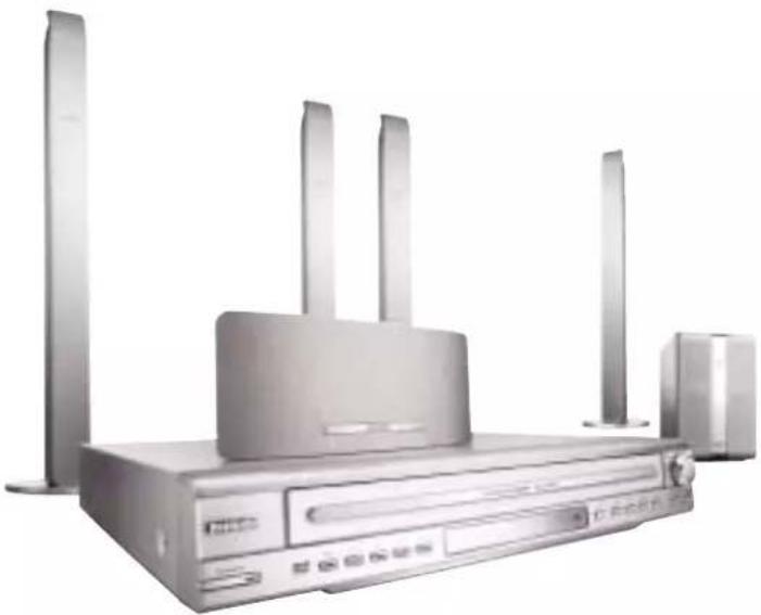 Exterior view of a modern electronic device with multiple speakers and a central tower (no visible text or symbols).