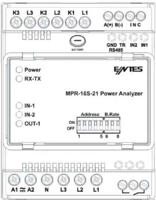 K3 L3 K2 L2 K1 L1 A(+) B(-) I N C BATTERY GND TR IN2 IN1 RS485 Power RX-TX E/MTES MPR-16S-21 Power Analyzer IN-1 IN-2 OUT-1 Address B.Rate ON OFF 1 5 6 8 A1 ≈ A2 N L3 L2 L1