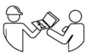 Simple line drawing of two figures in a meeting, one holding an open book (no text or symbols present)