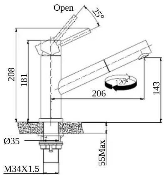 Open 25° 208 181 143 206 120° Ø35 M34X1.5 55Max