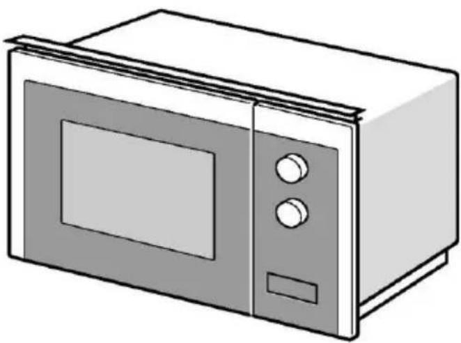 Line drawing of a microwave oven with control panel and door (no text or symbols)