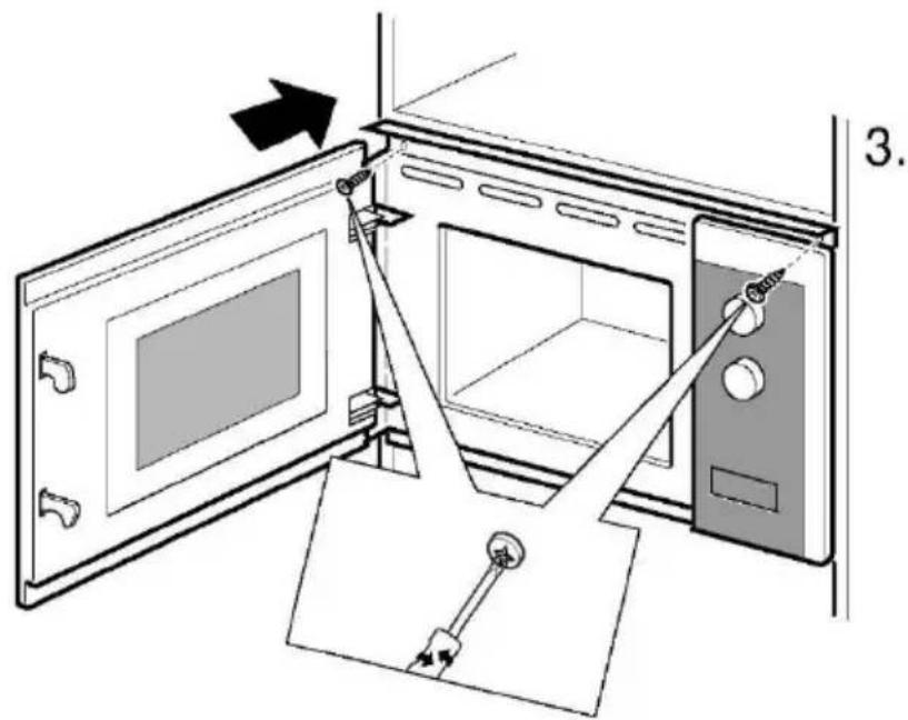 Diagram showing a microwave oven with labeled parts and directional arrow indicating assembly or installation.