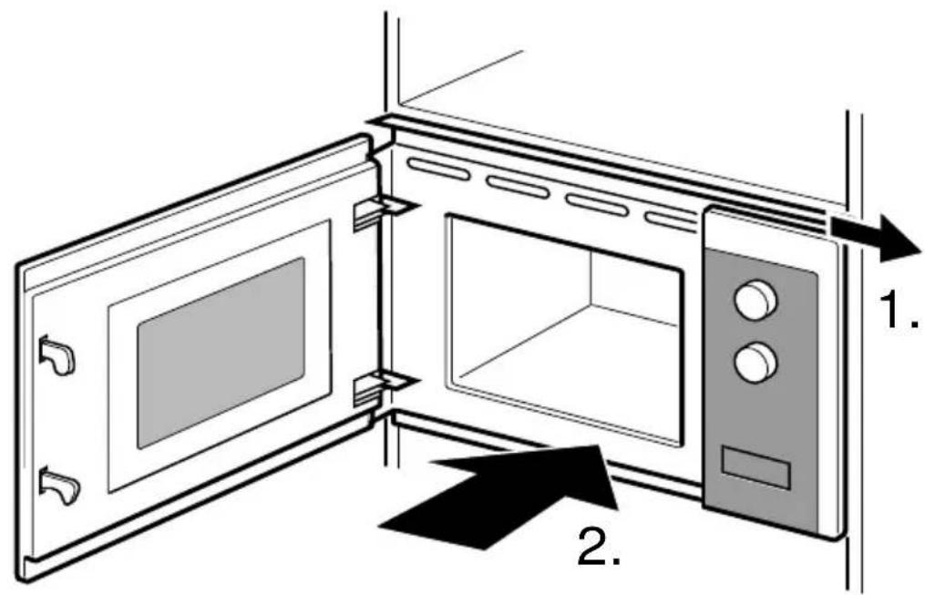 Diagram of a microwave oven with labeled parts and directional arrows indicating assembly or installation steps.