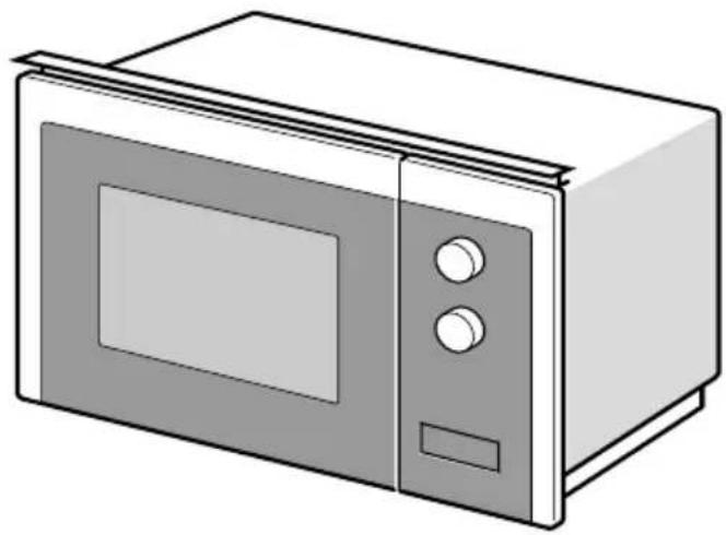 Line drawing of a microwave oven with control panel and door (no text or symbols)