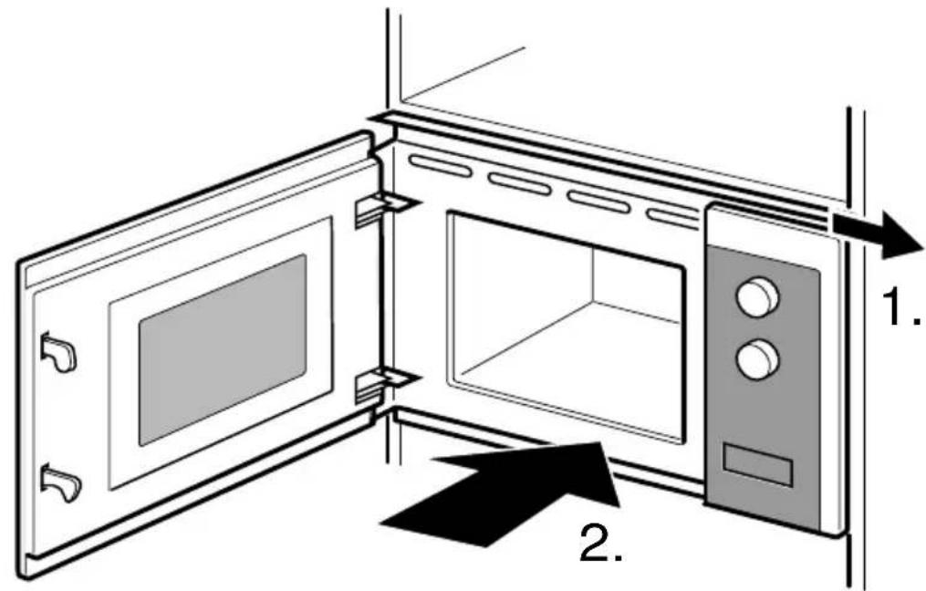 Diagram of a microwave oven with labeled parts and directional arrows indicating assembly or installation steps.