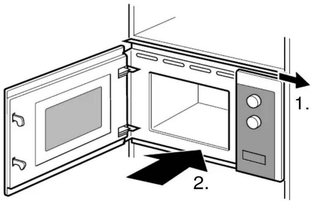 Diagram of a microwave oven with labeled parts and directional arrows indicating assembly or installation steps.