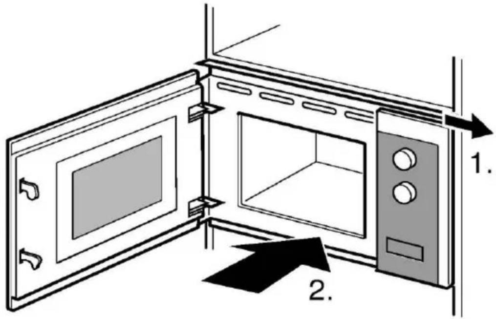 Diagram of a microwave oven with labeled parts and directional arrows indicating assembly or installation steps.