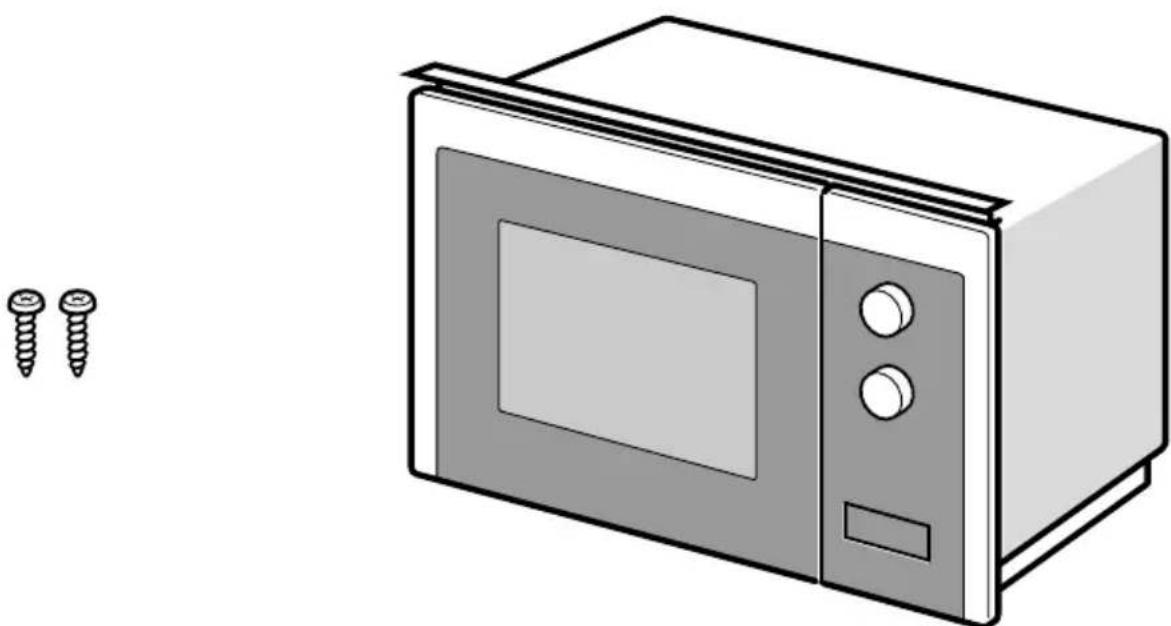 Illustration of a microwave oven with two screws, shown alongside (no text or symbols)
