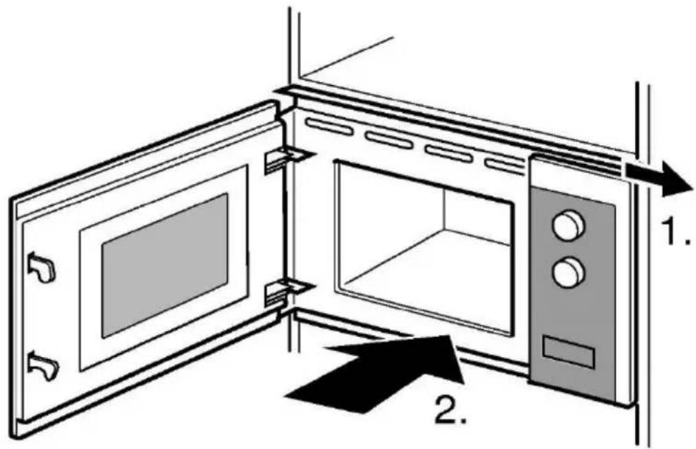 Diagram of a microwave oven with labeled parts and directional arrows indicating internal components.