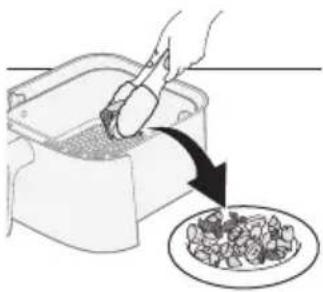 Illustration of a hand using chopsticks to remove meat from a container, with a magnifying glass inspecting food (no text or symbols)