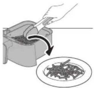 Illustration of a hand using a tool to remove material from a container, with a plate below showing a patterned surface (no text or symbols)