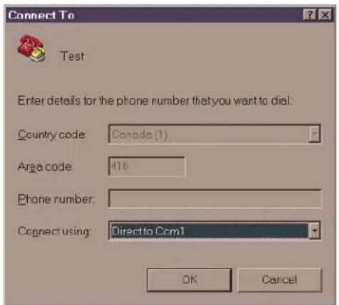 Connect To Test Enter details for the phone number that you want to dial: Country code: Canada (1) Area code: 416 Phone number: Connect using: Direct to Ccm1 OK Cancel