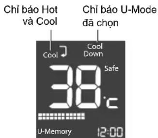 Chỉ báo Hot và Cool Cool Cool Down 38°C Safe U-Memory 12:00 Chỉ báo U-Mode đã chọn