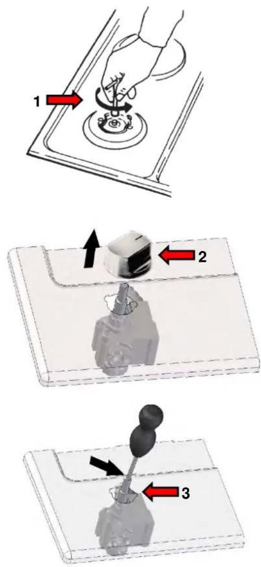 Diagram illustrating three-step mechanical assembly steps with labeled arrows indicating motion directions.
