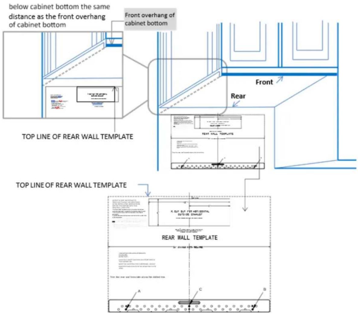 below cabinet bottom the same distance as the front overhang of cabinet bottom Front overhang of cabinet bottom Top LINE OF REAR WALL TEMPLATE Front Rear TOP LINE OF REAR WALL TEMPLATE REAR WALL TEMPLATE A B C D E F G H I J K L M N O P Q R S T U V W X Y Z A B C D E F G H I J K L M N O P Q R S T U V W X Y Z A B