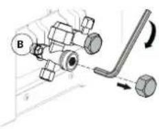 Technical diagram showing mechanical assembly with labeled component B and directional arrows indicating motion or force
