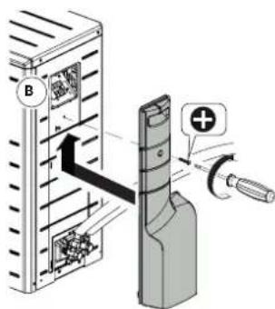 Diagram showing a device with labeled components and directional arrows, including a plus button and a magnified view.