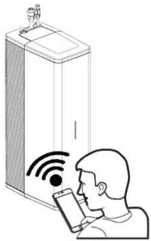 Illustration of a person using a smartphone with a Wi-Fi symbol inside a water dispenser (no text or labels)