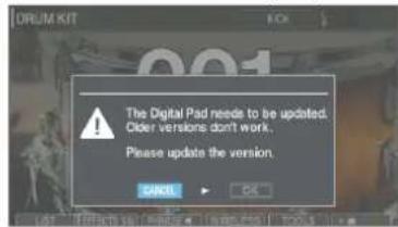 ROLAND V71 Editor - L'écran suivant s'affiche lorsque vous connectez un pad d'une ancienne version. Mettre à jour le pad - 1