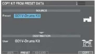 COPY KIT FROM PRESET DATA SOURCE Preset 001V-Drums Kit DESTINATION User 001V-Drums Kit RESET PRESET NO CAIN COPY