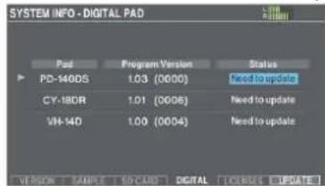 SYSTEM INFO - DIGITAL PAD Pad Program Version Status PD-140DS 1.03 (00:00) Need to update CY-18DR 1.01 (00:06) Need to update VH-14D 1.00 (00:04) Need to update